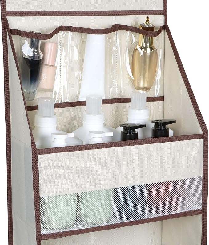 Univivi 5-Shelf Fabric Door Storage Over Door Hanging Organizer with 4 Large Pockets and 3 Small PVC Pockets Nursery Closet Cabinet Wall Mount Hanging Storage Organizers for Baby Nursery (Beige)