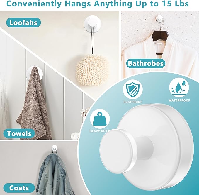 Suction Cup Hooks for Shower,Removable No Drill Towel Hooks,Upgraded 15 lbs Strong Suction hooks for Bathroom Tile,Shower Wall,Glass Door,Kitchen-Loofah,Coat,Stainless Waterproof-White 2 Pcs