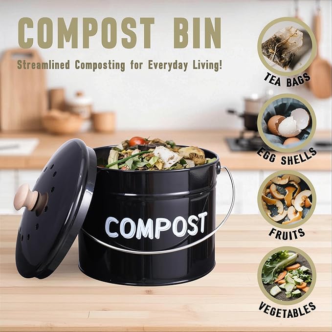 Compost Bin for Kitchen Counter, 1 Gallon Compost Bucket with Lid and Charcoal Filter, Countertop Composter, Rust Proof Indoor Food Waste Bin, Black