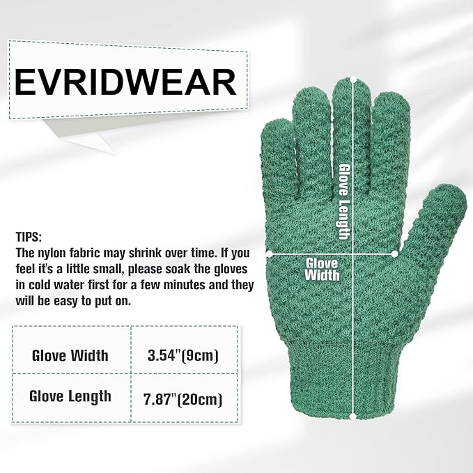 Evridwear Exfoliating Recycled Yarn Eco-Friendly Bath Gloves for Shower, Spa, Massage and Body Scrubs, Dead Skin Cell Remover, Ingrown Hair, Scratching, Gloves with Hanging Loop (1 Pair Heavy Glove)