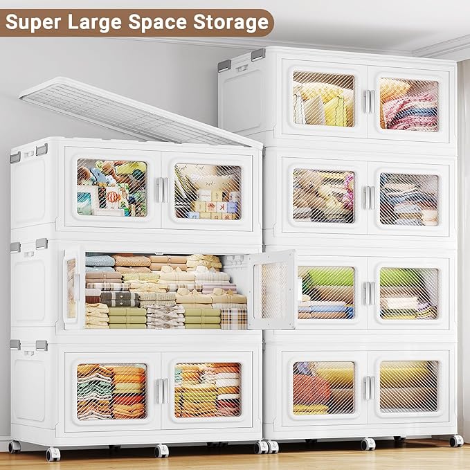 BROVIEW 880 Qt Stackable Storage Bin with Lids, 220Gal Extra Large Collapsible Storage Boxes, Folding Plastic Drawer, Heavy-Duty Store Cabinet, Closet Organizer for Home Kitchen, 4 Pack White