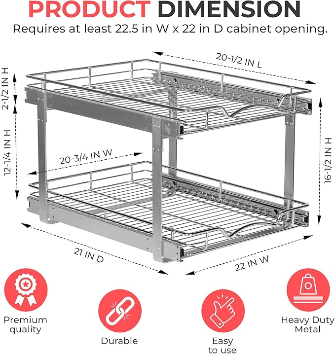HOLDN’ STORAGE Two Tier Pull Out Cabinet Organizer, Individual Sliding Drawers - Heavy Duty Metal with Lifetime Limited Warranty - Anti Rust Chrome Finish - 22" W x 21”D x 16.5" H