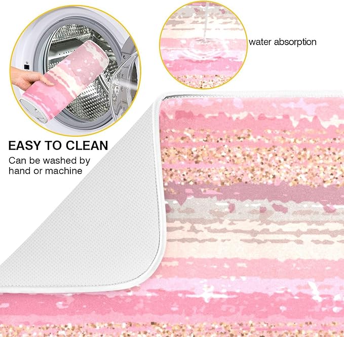 Pink Gold Stripe Dish Drying Mat for Kitchen Countertop 16x18 Rectangle Small Drying Mat Reusable Quick Dry Dish Sink Absorbent Mats Dishwasher Easy Clean Decorative Home Decor Essentials
