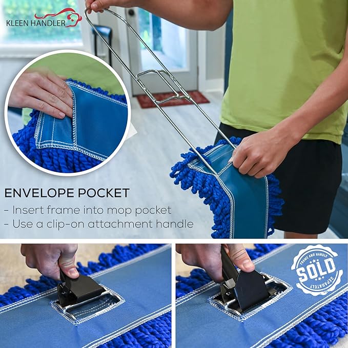 KLEEN HANDLER 24 Inch Microfiber Dust Mop, Medium Washable Commercial, Sweeper, Janitorial Head Replacement, Push Mop Broom, Blue