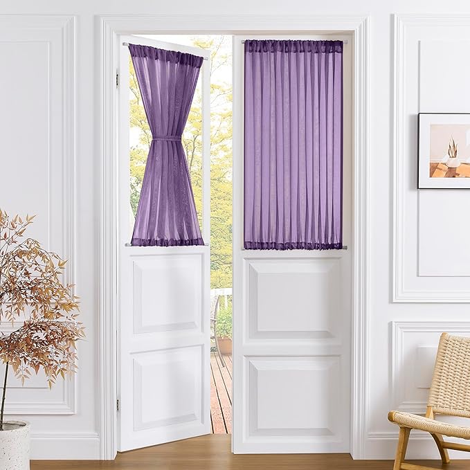 Tollpiz Small Sheer Door Curtain Closet Linen Textured Curtain Sheers Doorway Light Filtering Voile French Door Rod Pocket Curtains Patio Glass Door, 25 x 40 inches Long, Royal Purple, Set of 1 Panel