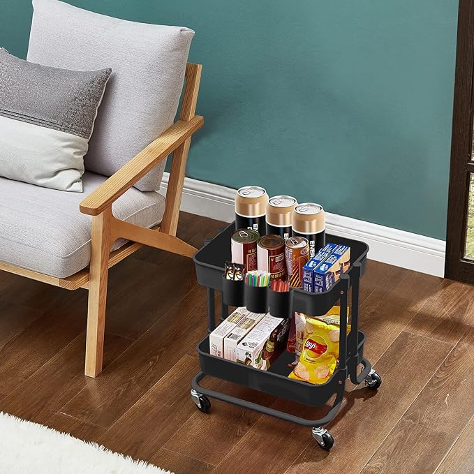 Melody House 2-Tier Utility Rolling Cart Storage Sofa Side Table with Wheels, Mobile Trolley Organizer with for Office Home Kitchen Organization, Black