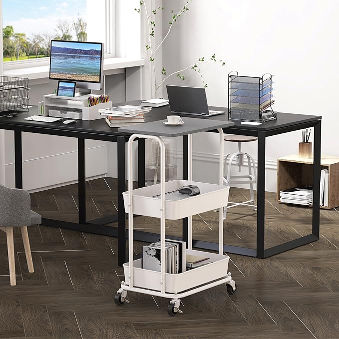 Simple Houseware 2-Tier Rolling Utility Cart with Lockable Wheels and Wood Top, Metal Storage Organizer Trolley for Kitchen, Bathroom, Office, Craft Room, Grey