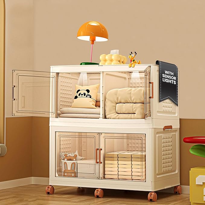376QT/94Gal 2 Layers Stackable Storage Bins with Lids And Doors - Sensor Lights in Cabinets, Large Collapsible Container Box with 6 Wheels, Plastic Foldable Organizer for Home and Office
