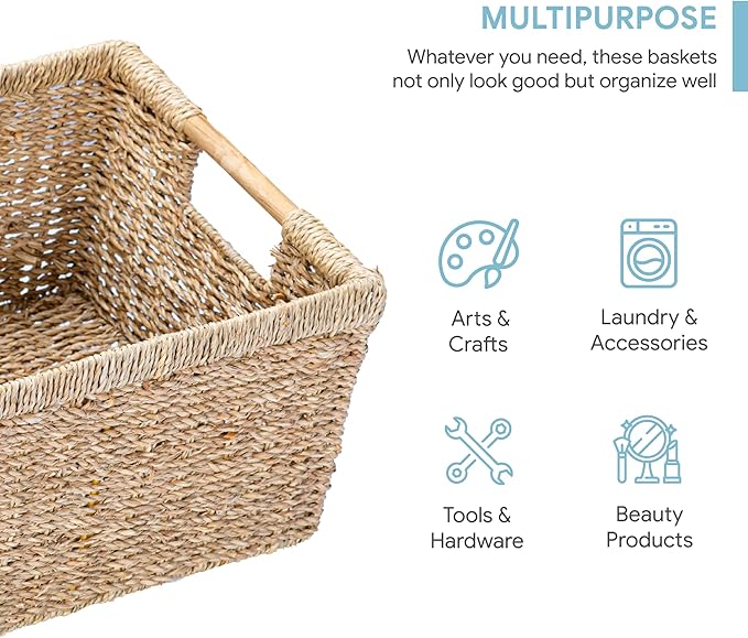 Large Wicker Storage Basket with Wooden Handles, Seagrass Basket for Shelves, Natural Wicker Bin With Handle for Storage 14.5 x 10.3 x 7.5 inches