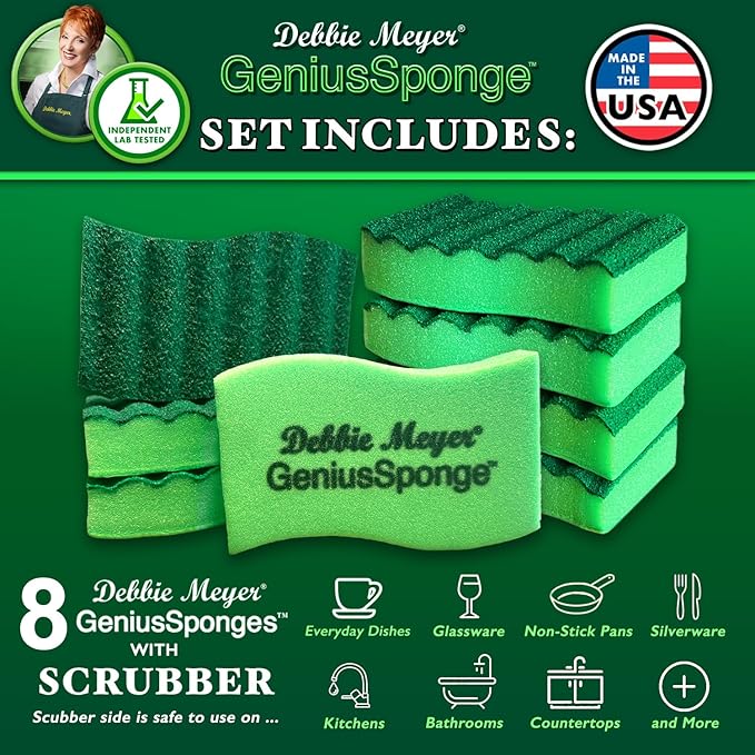 Debbie Meyer GeniusSponges-8 Scrubber Sponges with Built-in Odor Blocking Properties | Non-Scratch Multi-Surface Cleaning for Kitchens, Bathrooms, Essential for Dishes & Messes, Made in The USA