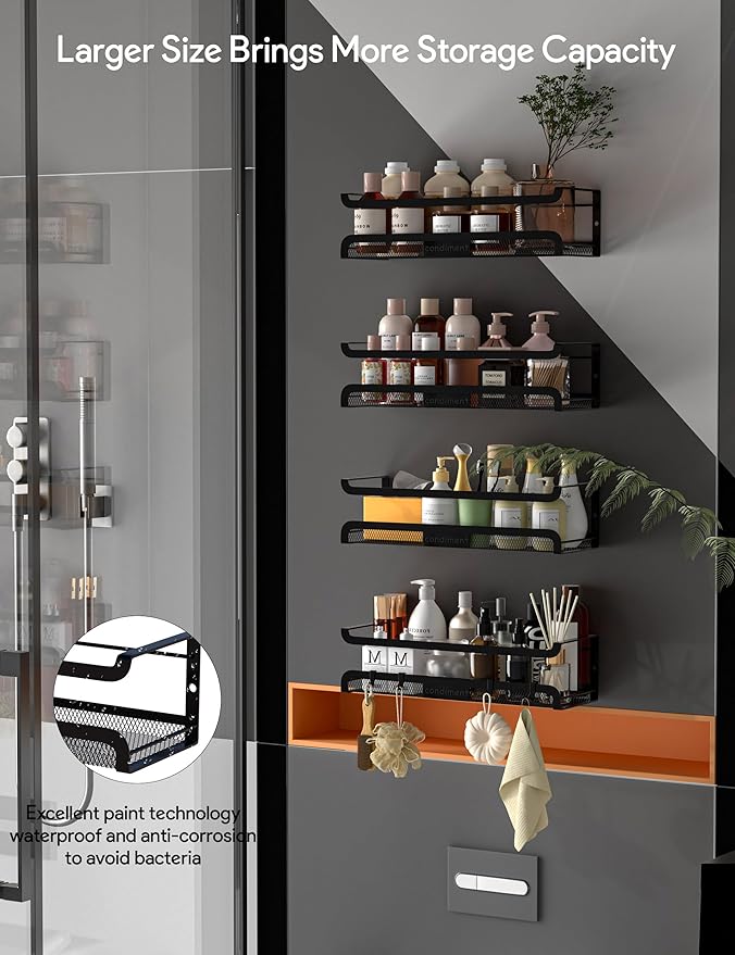 Spice Rack Wall Mount with Hooks - Spice Racks Organizer for Cabinet Storage, Wall Mounted Hanging Shelf Seasoning Organizer, for Kitchen, Pantry Door, Bathroom (Black, 4 Pack)