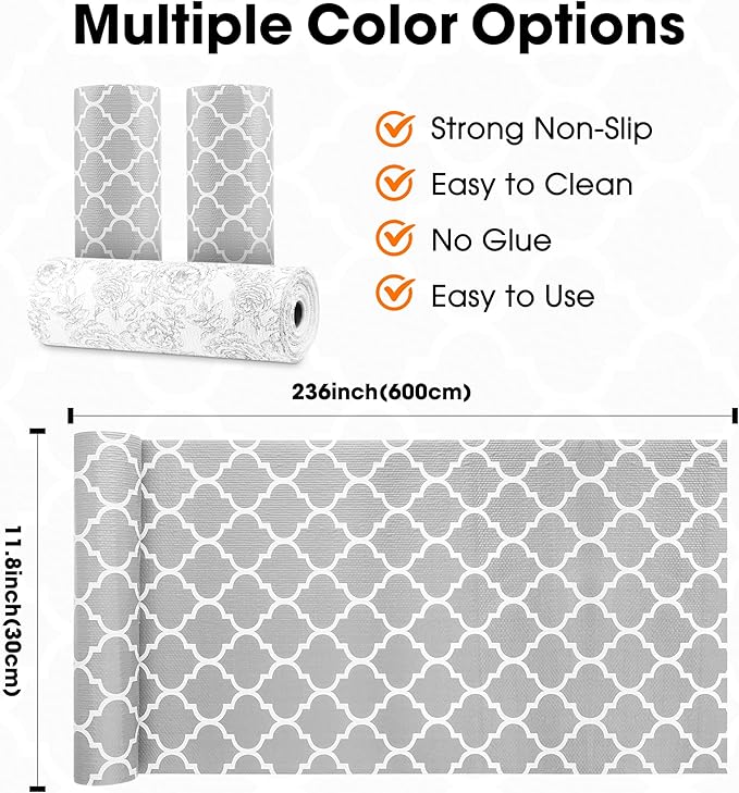 Drawer and Shelf Liner for Kitchen Cabinets Non-Adhesive, Non-Slip Cabinet Liner Shelf Paper Strong Grip Waterproof Easy to Clean for Kitchen Shelves Cupboard, Gray Lantern,12IN X 20FT