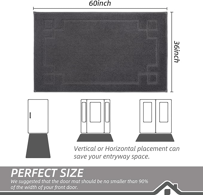 BEQHAUSE Door Mat 36" x 60", Non-Slip Door Mats Indoor Entryway Rugs Washable Low-Profile Absorbent and Stain Resist Floor Mats, Dog Door Mat for Front Back Door, Muddy Wet Shoes & Paws, Dark Grey