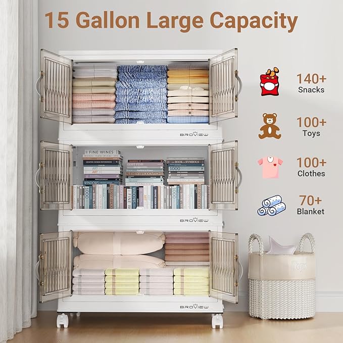 BROVIEW 240Qt Stackable Storage Bins with Lid, Extra Large Closet Organizer Collapsible Drawer Boxes with Wheels, Folding Plastic Cabinet Containers for Home Kitchen Room Organization, 4Pack White