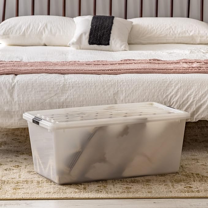 IRIS USA 91 Qt Stackable Plastic Storage Bins with Lids, 4 Pack - BPA-Free, Discreet Organizing Solution, Latches, Durable Nestable Containers, Secure Pull Handle, Made in USA - Pearl