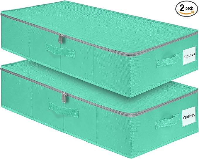 punemi 2-Pack Under Bed Storage Containers, 6.7 Inches Tall Underbed Clothes Storage Organizer Bin with Sturdy Sidewalls/Bottom, Underbed Storage Bins 2 Storage Thin Bins with Handles, Teal Blue