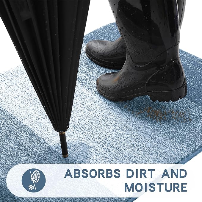 Kitinjoy Indoor Outdoor Door Mat, 30x17 Non-Slip Absorbent Dirt Trapper, Low-Profile Washable Inside Entrance Front Floor Mat, Sturdy Soft Entry Doormats for Entryway, Light Blue