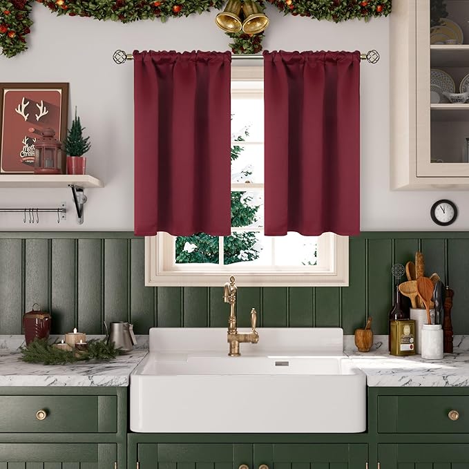 BGment Burgundy Blackout Curtains 36 Inches Long for Bedroom Kitchen Window - Short Length Thermal Insulated Drapes with Rod Pocket for Basement Cafe Bathroom, 42 x 36 Inch, 2 Panels