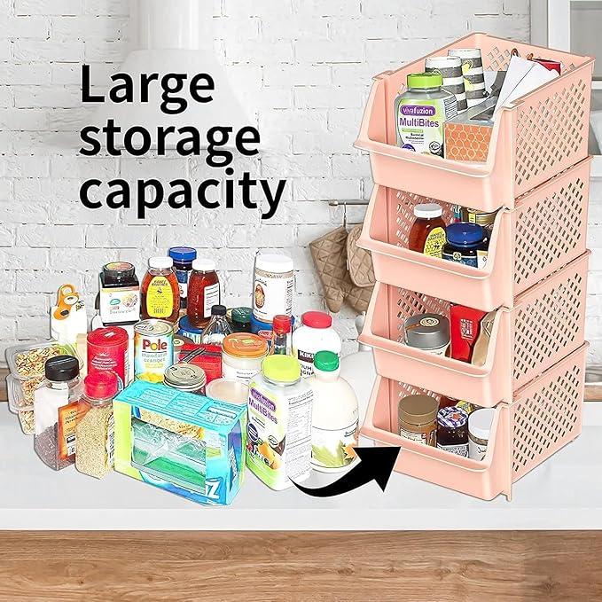 Skywin Stackable Storage Bins for Pantry, 12 Pack Stackable Bins For Organizing Food, Kitchen, and Bathroom Essentials (Light Pink)