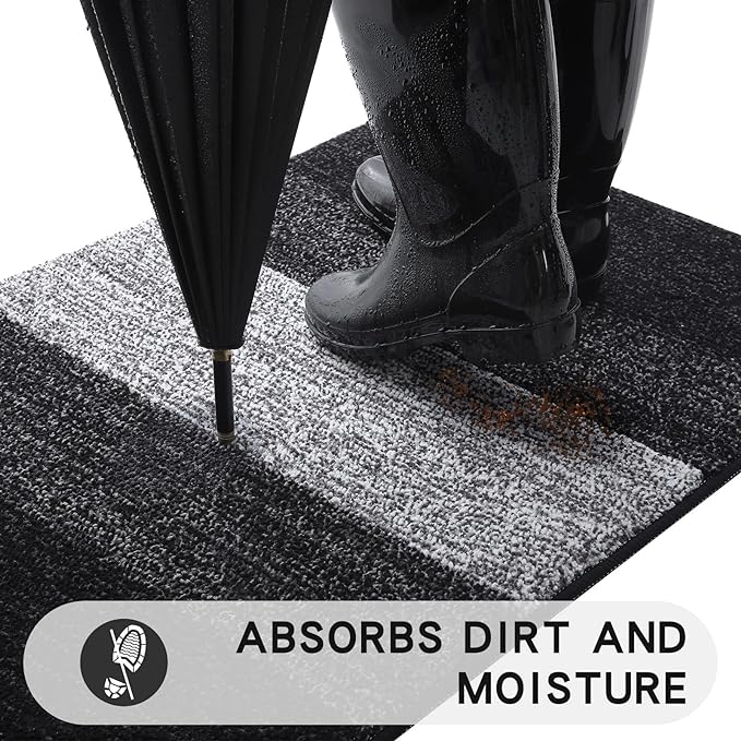 Kitinjoy Indoor Outdoor Door Mat, 59x36 Non-Slip Absorbent Dirt Trapper, Low-Profile Washable Inside Entrance Front Floor Mat, Sturdy Soft Entry Doormats for Entryway, Black