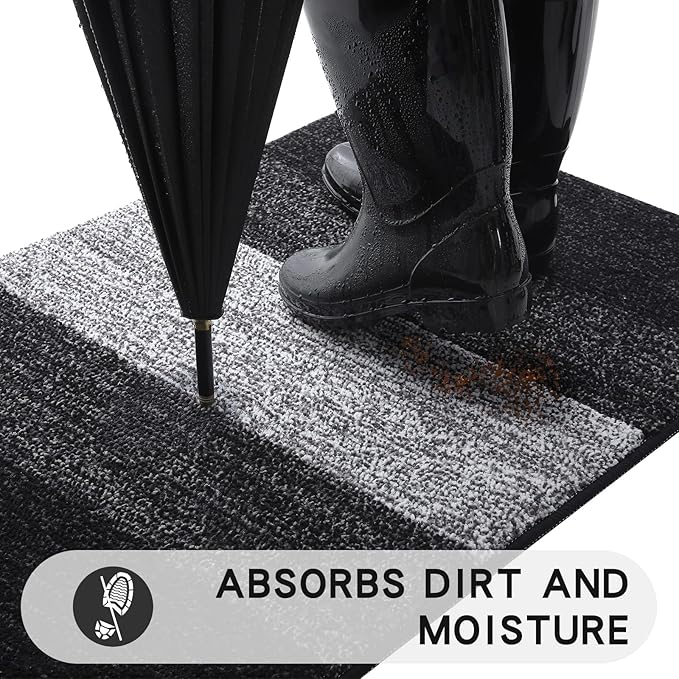 Kitinjoy Indoor Outdoor Door Mat, 36x24 Non-Slip Absorbent Dirt Trapper, Low-Profile Washable Inside Entrance Front Floor Mat, Sturdy Soft Entry Doormats for Entryway, Black