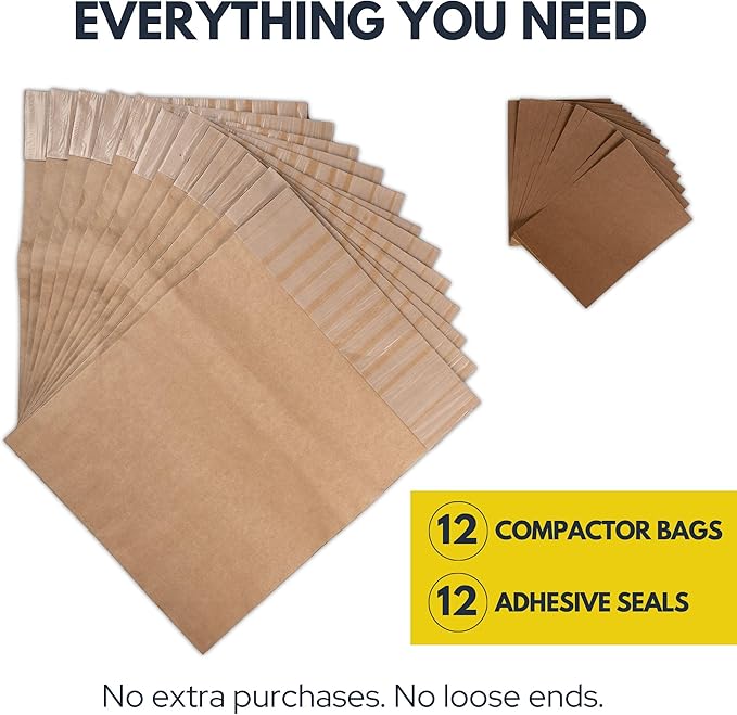 Trash Compactor Bags for Kitchen (12-Pack), 25% Thicker Kraft Paper Compactor Bags with Leak-Proof Liner & Sticker Seals