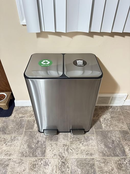 WLIVE 2 x 8 Gallon / 2 x 30 Liter Dual Trash Can, Stainless Steel Double Compartment Classified Kitchen Trash Can, with Plastic Inner Buckets, Handles, Soft-Close Lid, Deodorizing Filter Box, Silver.