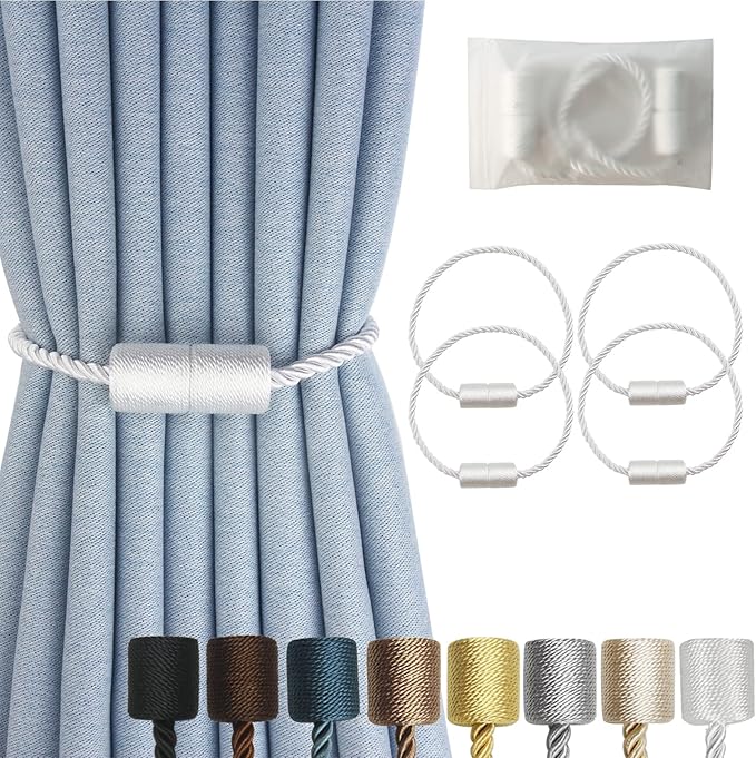 Magnetic Curtain Tiebacks 4 Pack White Curtain Rope Tieback Curtain Holders for Drapes Modern Tie Backs Decorative Curtain Holdbacks