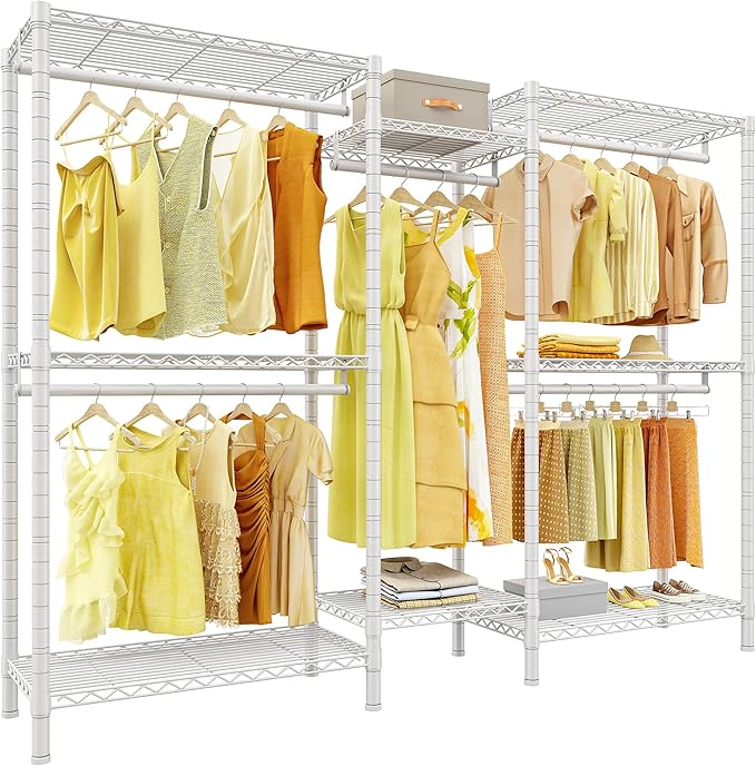 Raybee Clothes Rack,Clothing Racks for Hanging Clothes Heavy Duty,Adjustable Garment Rack with Shelves,rolling clothes rack Max Load 905LBS,75" W x 77" H x 17.8" D,White