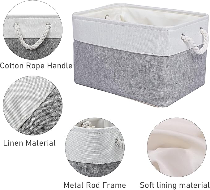 15x11x9.5 Inch Storage Baskets for Shelves,3 Pack Storage Bins，Foldable Organizer Boxes, Decorative Storage Basket for Organizing Clothes, Toys, Books, Foldable Cloth Baskets (White&Gray)