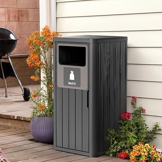 Outdoor Single Barrel Trash Can,Waterproof Resin Garbage Can with Garbage Labels,Durable Waste Bin for Porch, Backyard,Kitchen,for 30 to 39 Gallon Trash Bags