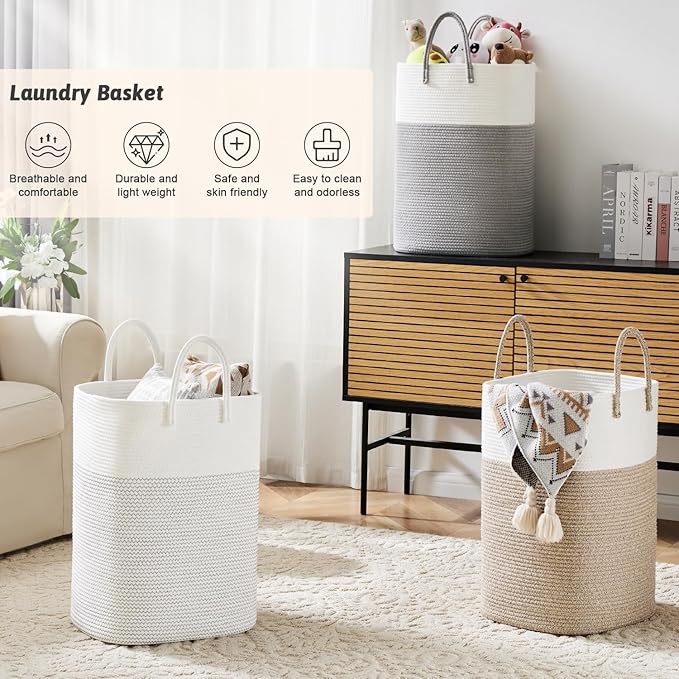 Laundry Basket,Woven Cotton Rope Laundry Hamper,Versatile Storage for Dirty Clothes,Baby Toys,and Blankets in Bathroom, Nursery,and Living Room (Brown, 80L)