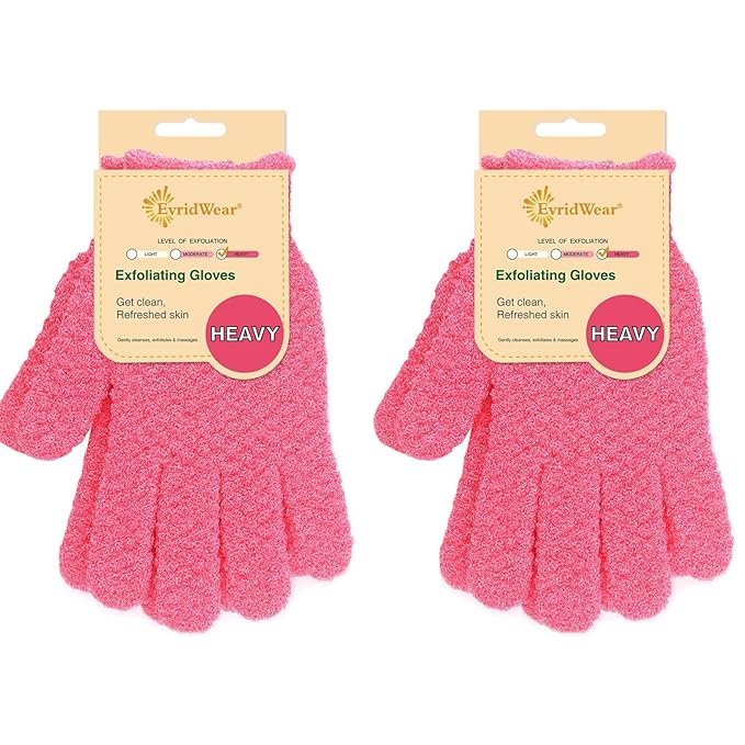 Evridwear Exfoliating Gloves for Shower, 100% Nylon Thick Soft Medium Heavy Bathing Gloves Dead Skin Remover Body Scrubber Smooth Skin with Hang Loop, 2 Pairs Heavy Hot Pink