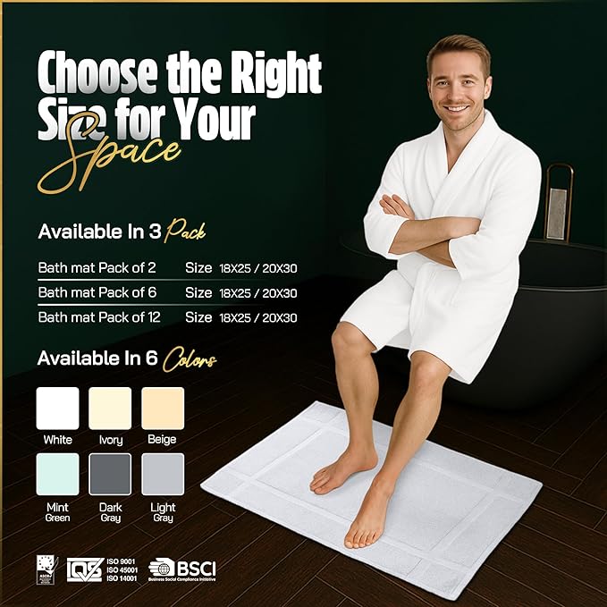 Pearl Linens Pack of 12 100% Cotton Bath Mat 18x25 inches, Soft & Absorbent Quick Dry Bathroom Mat Set, Not Bathroom Rugs, After Shower Mat, Bath Tub Mat, 687 GSM, Machine Washable, White