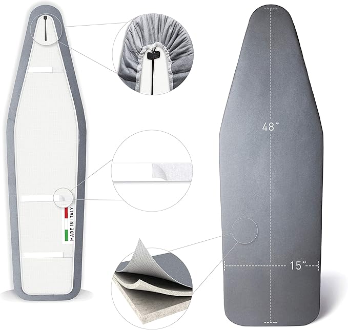 TIVIT Ironing Board Cover 15 x 48, Made in Italy. Pro Grip Pad Covers w/3 Fastener Straps & Pull Bungee Cord - Durable Scorch & Stain Resistant Padded Layers, Heat Reflective AlumiTek PRO Top Coat