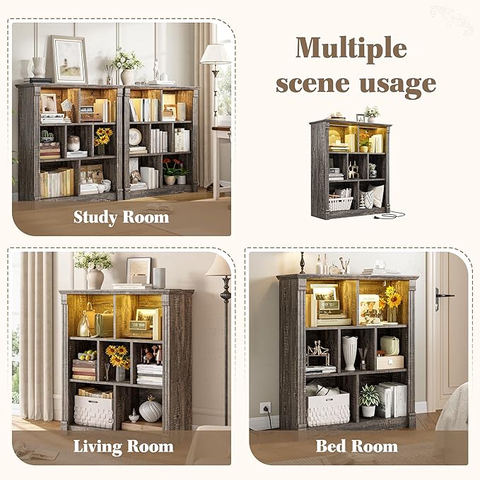 EnHomee 7 Cube Bookshelf Cubby Storage Organizer with LED Lights and Charging Station, Wood Shelf Display Cabinet for Bedroom, Living Room, Office Black Oak