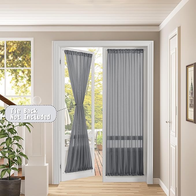 Tollpiz Sheer Door Curtains Closet Linen Textured Curtain Sheers Doorway Light Filtering Voile Patio Glass Door Rod Pocket Curtains French Door, 54 x 80 inches Long, Dark Grey, Set of 1 Panel