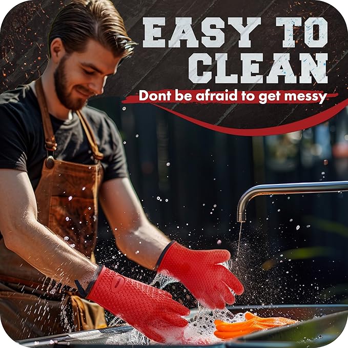 KITCHEN PERFECTION Silicone Smoker Oven Gloves -Extreme Heat Resistant BBQ Gloves -Handle Hot Food Right on Your Grill Fryer&Pit|Waterproof Grilling Cooking Baking Mitts|Superior Value Set +3 Bonuses