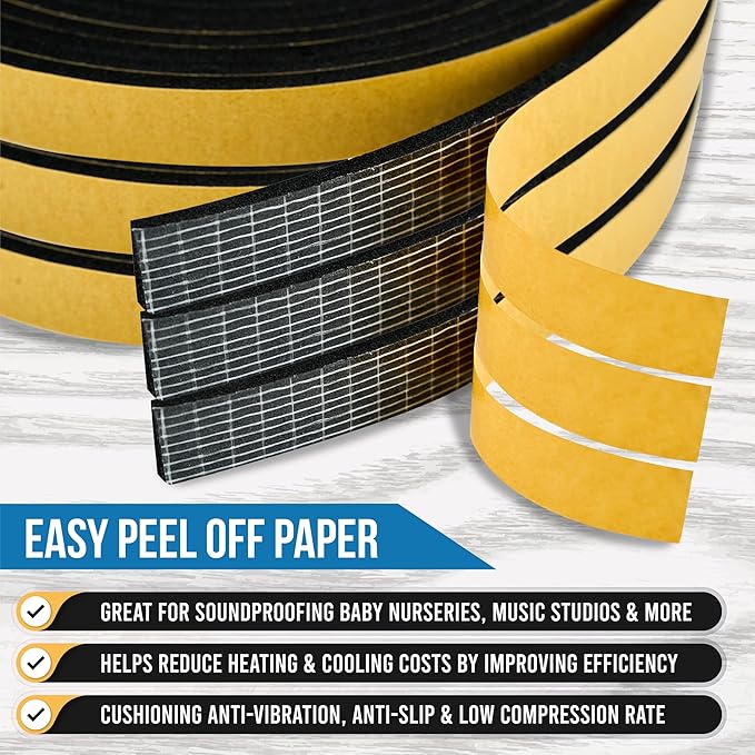 High Density Foam Weather Stripping Door Seal Strip Insulation Tape Roll for Insulating Door Frame, Window, Air Conditioner | Self Adhesive Sealing Weatherstrip (Black, 1/4 in 1/8 in 50 Ft)