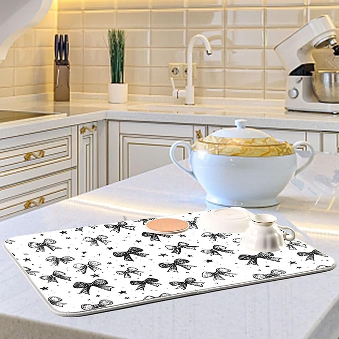 Black White Bowknot Dish Drying Mat for Kitchen Countertop 18x24 Rectangle Bow Large Drying Mat Reusable Quick Dry Dish Sink Absorbent Mats Dishwasher Easy Clean Decorative Home Decor Essentials