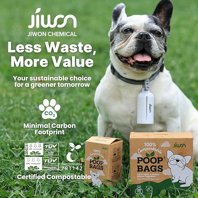 JIWON Dog Poop Bag Dispenser with 100% Compostable Refill Roll, Thick & Leakproof, Plant-Based, Fits Any Leash, 1 Dispenser and 15 Bags (1 Roll), Unscented