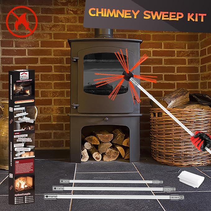 Chimney Sweep Kit - 33 Feet, 10 Flexible Rods, Brush & Drill-Driven Rotary System