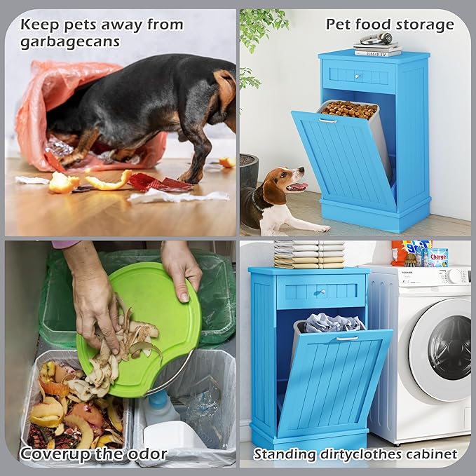 Betterhood Tilt Out Trash Cabinet 10 Gallon Wooden Free Standing Laundry Sorter Cabinet,Recycling Cabinet with Hideaway Drawer,Tilt Out Trash Cabinet Can Bin Kitchen (Single Light Blue, Single Dooor)