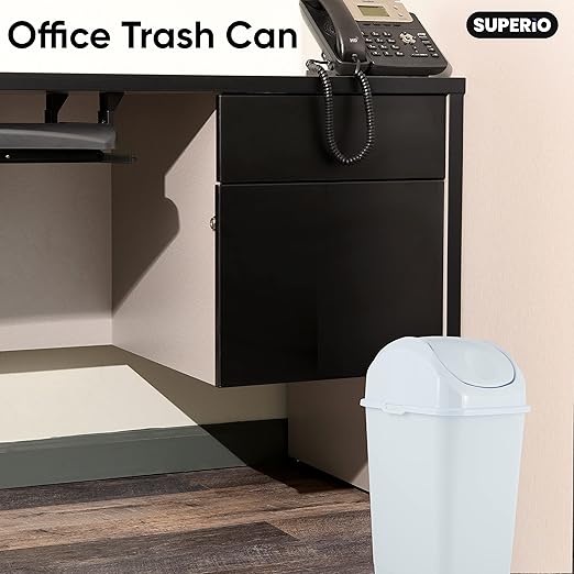 Superio Small Plastic Trash Can with Swing Top Lid, Compact Slim Waste Bin for Under Desk, Office, Bedroom, Bathroom, Dorm Room, 10 Qt. Portable Garbage Can 2.5 Gallon (White, 2 Pack)