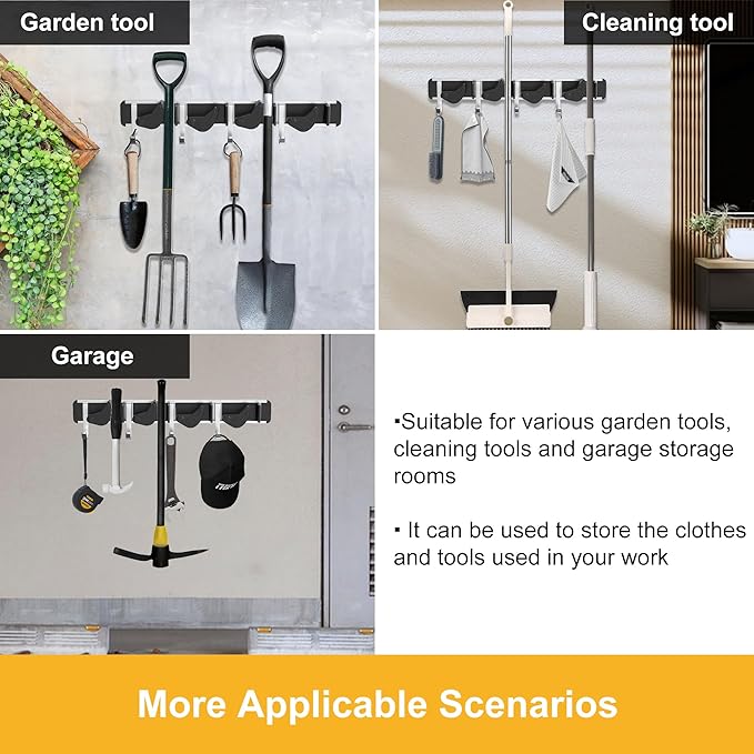 2-Pack Metal Mop Broom Holder Wall Mount - 4 Slot Tool Organizer with Rubber Grips for Kitchen, Garden, and Home Storage