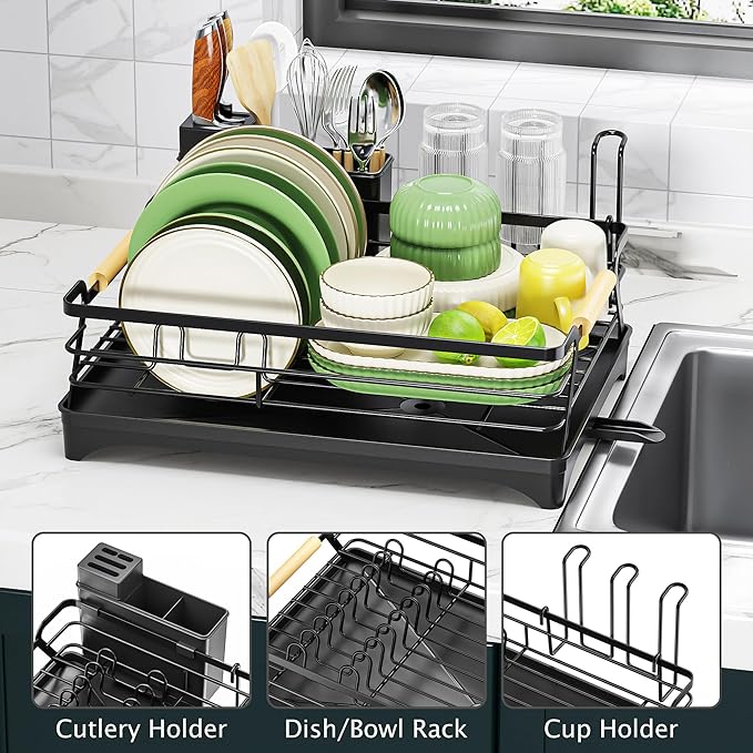 Epicano Dish Drying Rack for Kitchen Counter,Space-Saving Dish Rack,Rustproof Dish Drainer with Utensil Holder and Knife Slots for Sink,Kitchen Drying Rack with Wooden Handle and Cup Holder, Black