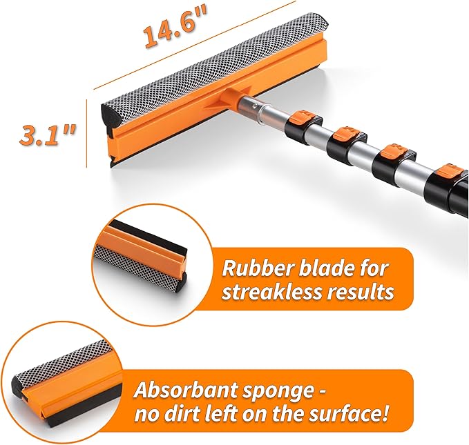 5-30 ft Window Washer Squeegee Kit with Extension Pole (36+ Foot Reach) // Long Handle Squeegee for Window Cleaning & Car Cleaning Multi-Use//Telescopic Professional Window Cleaning Squeegee for Home
