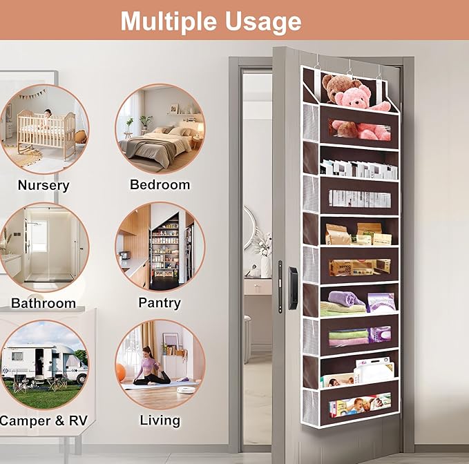 5-Tier Over The Door Storage Organizer with 10 Side Mesh Pockets, 48 lbs Load Capacity, 3 Hooks Design, Door Hanging Organizer with Clear Windows for Bathroom, Bedroom, Nursery, Kitchen-Brown