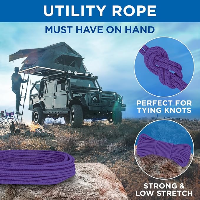 TECEUM Cotton Rope 3/16” (5 mm) – 50 FT – Strong All-Purpose Braided Rope – Natural Cotton – for Crafting, Сamping, Clothes Line, DIY, Indoor & Outdoor Use – Purple