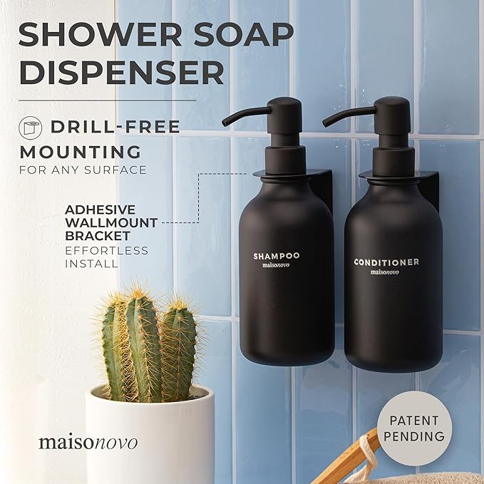 MaisoNovo Shampoo and Conditioner Dispenser - Shower Soap Dispenser Wall Mounted - 16.9 fl oz Set of 2 Black Plastic Bottles Black Pumps - 2 Chamber No Drill